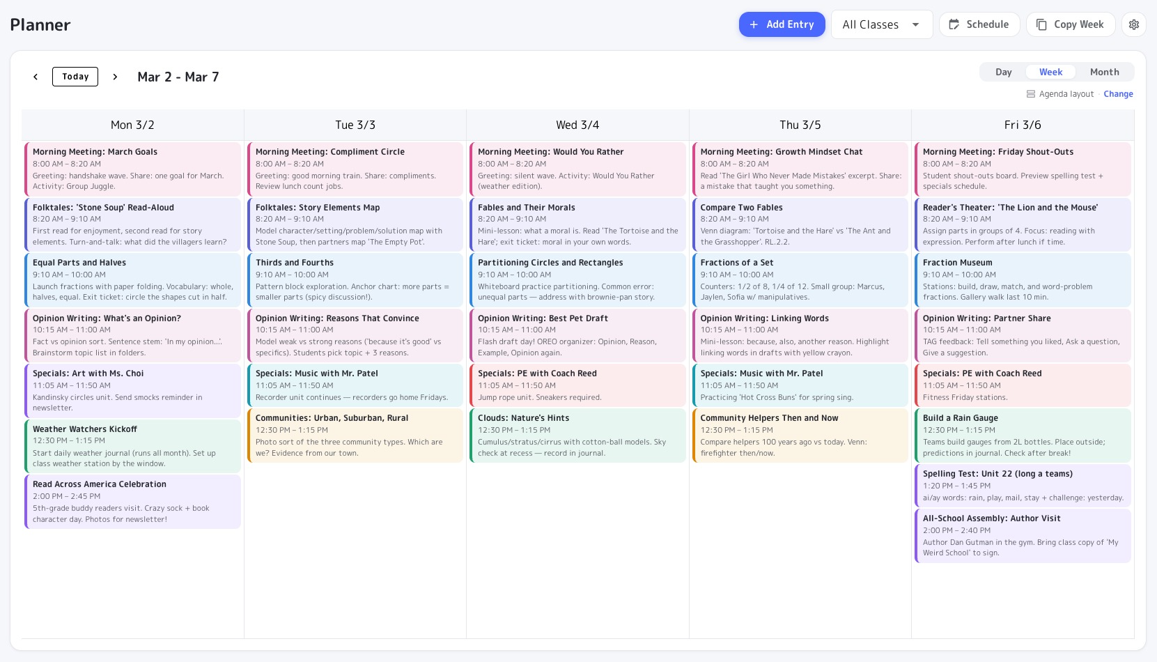 The weekly planner in TeacherStack