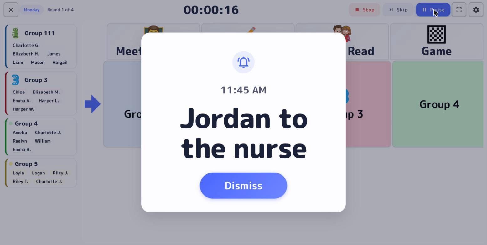 A “Jordan to the nurse” reminder card with a Dismiss button, shown over a running station rotation